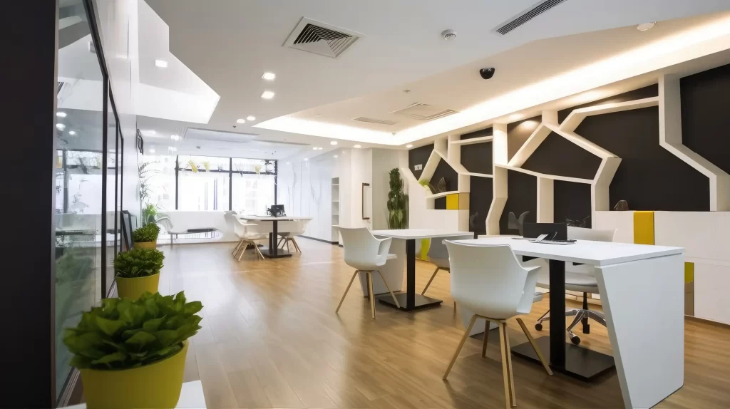 False ceiling with geometric shapes and geometric white and black wall design