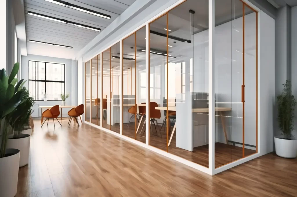 office cubicle with wooden flooring chairs hallways