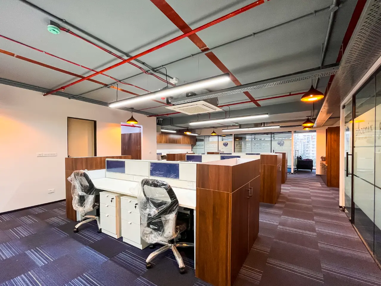 Modern office space with sleek white desks