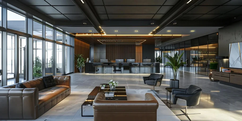 modern-corporate-interior-lobby-interior-design-with-leather-seating-glass-walls photo